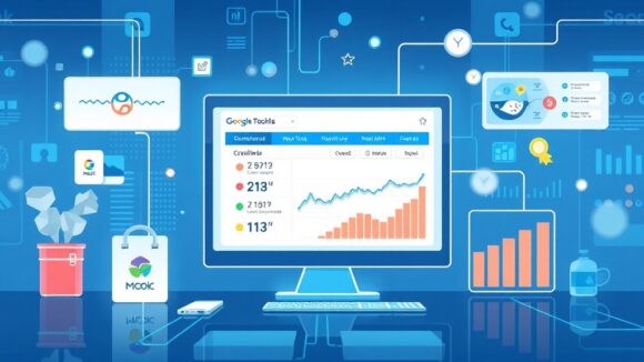 A dynamic illustration of a digital interface displaying an SEO tool, highlighting the crawling and data analysis features that optimize web content --ar 16:9