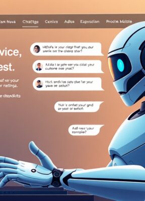 A dynamic illustration of a sleek, professional-looking chatbot interacting with users on a website, designed to handle customer service queries --ar 16:9