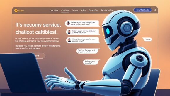 A dynamic illustration of a sleek, professional-looking chatbot interacting with users on a website, designed to handle customer service queries --ar 16:9