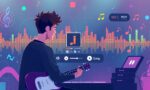 A dynamic illustration of a musician uploading a song to an AI-driven music platform, with colorful waveforms and graphical elements representing different music genres --ar 16:9