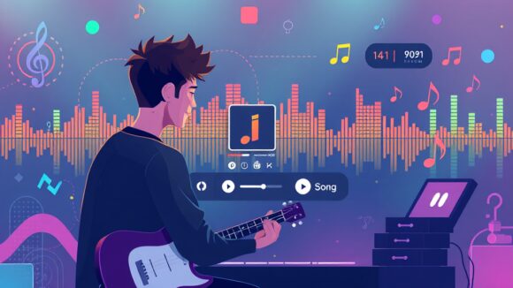 A dynamic illustration of a musician uploading a song to an AI-driven music platform, with colorful waveforms and graphical elements representing different music genres --ar 16:9