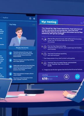 A dynamic illustration of a digital meeting interface, with a virtual assistant summarizing key points and notes as participants engage in discussion --ar 16:9