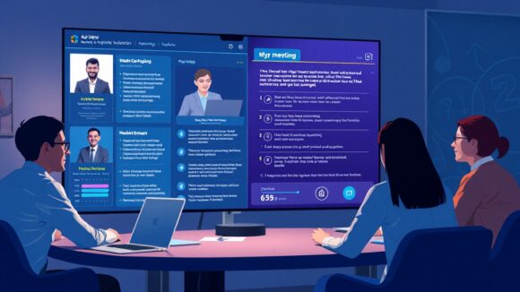 A dynamic illustration of a digital meeting interface, with a virtual assistant summarizing key points and notes as participants engage in discussion --ar 16:9