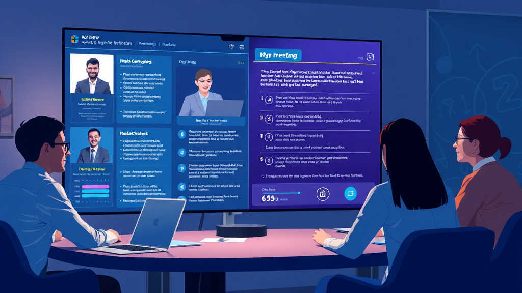 A dynamic illustration of a digital meeting interface, with a virtual assistant summarizing key points and notes as participants engage in discussion --ar 16:9