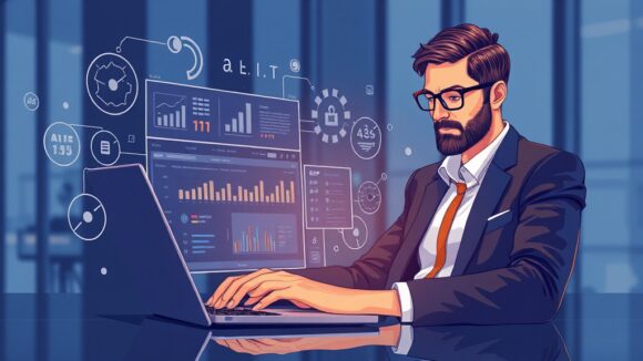 A dynamic illustration of a business professional confidently using a sleek, modern AI interface on a laptop, highlighting the ease and efficiency of AI-assisted RFP analysis --ar 16:9