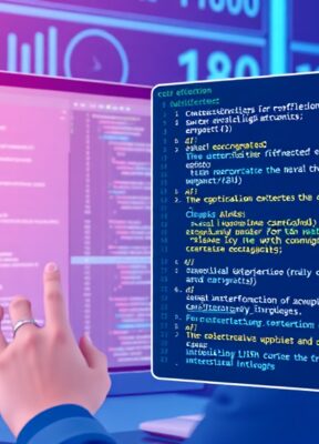 A dynamic illustration of a user interacting with a futuristic AI coding interface, showing a computer screen with code and an explanation panel highlighting different lines of the code --ar 16:9