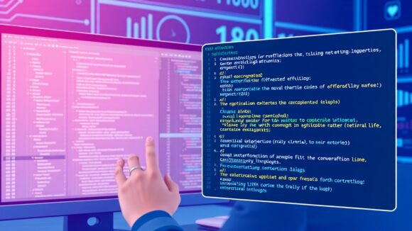 A dynamic illustration of a user interacting with a futuristic AI coding interface, showing a computer screen with code and an explanation panel highlighting different lines of the code --ar 16:9