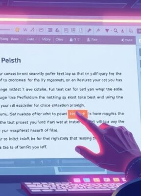 A dynamic illustration of a user operating a futuristic text editor, showcasing different sections highlighted for edits, reflecting the customization and editing features of a digital canvas --ar 16:9