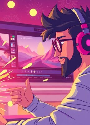 A dynamic illustration of a creator using futuristic video editing software, showcasing various animation effects being applied to a static image, highlight effects like 