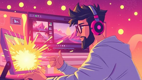 A dynamic illustration of a creator using futuristic video editing software, showcasing various animation effects being applied to a static image, highlight effects like 