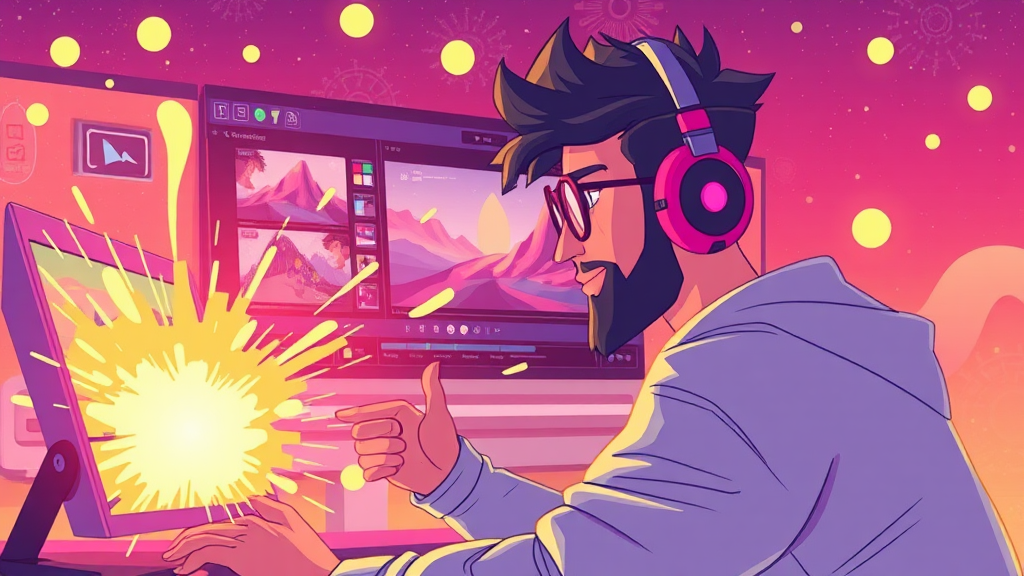 A dynamic illustration of a creator using futuristic video editing software, showcasing various animation effects being applied to a static image, highlight effects like 'Explode' and 'Cakeify' --ar 16:9