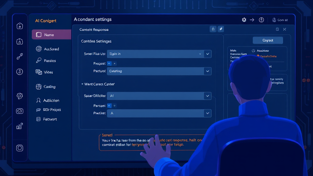 A dynamic illustration of a user configuring settings in an AI tool for concise responses, with vibrant controls and on-screen instructions --ar 16:9.