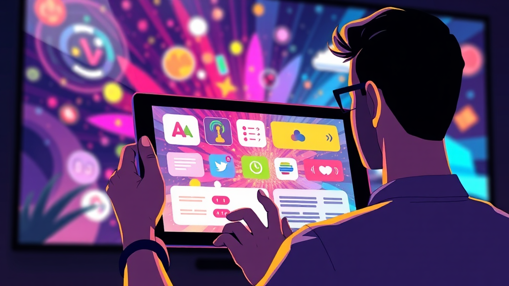 A dynamic illustration of a person navigating a user-friendly interface on a tablet, experimenting with various animation effects on a vibrant digital image --ar 16:9