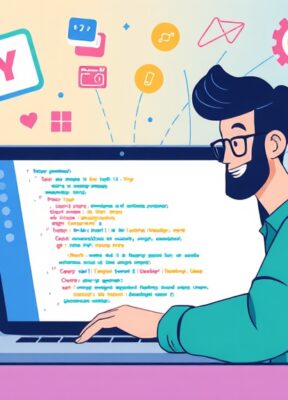 A dynamic illustration of a beginner user confidently engaging with a coding interface on a laptop, surrounded by colorful abstract concepts symbolizing app development without traditional coding --ar 16:9