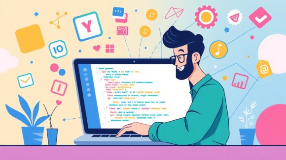 A dynamic illustration of a beginner user confidently engaging with a coding interface on a laptop, surrounded by colorful abstract concepts symbolizing app development without traditional coding --ar 16:9