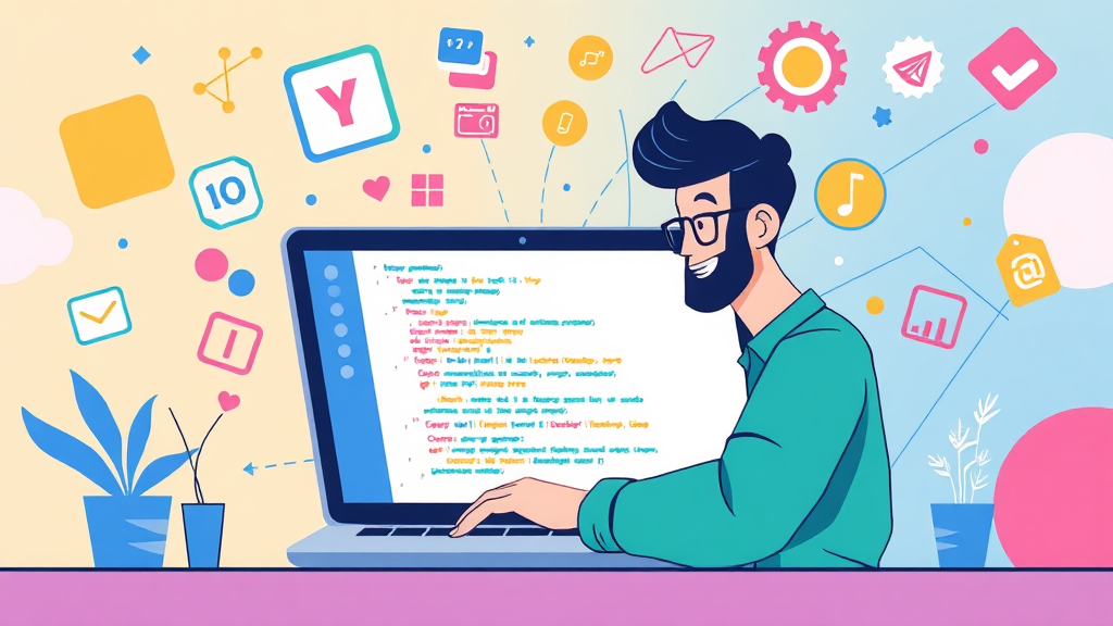 A dynamic illustration of a beginner user confidently engaging with a coding interface on a laptop, surrounded by colorful abstract concepts symbolizing app development without traditional coding --ar 16:9