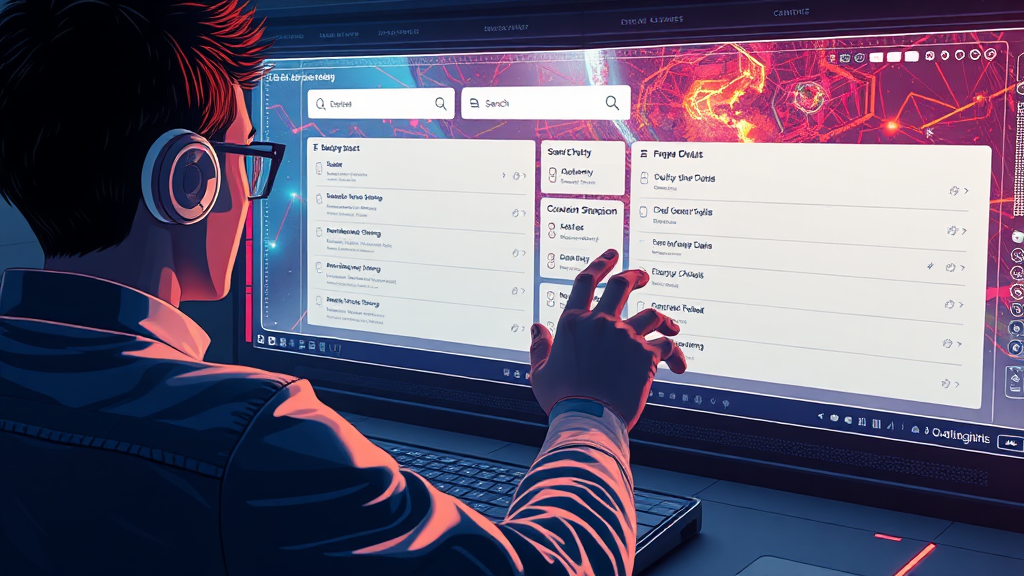 A dynamic illustration of a user exploring a futuristic search interface with various search filters being adjusted, demonstrating the control over search outputs --ar 16:9