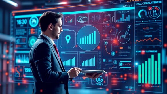 A dynamic illustration of a professional engaging with a futuristic user interface of a Legal Compliance System, analyzing data from internal and external sources --ar 16:9