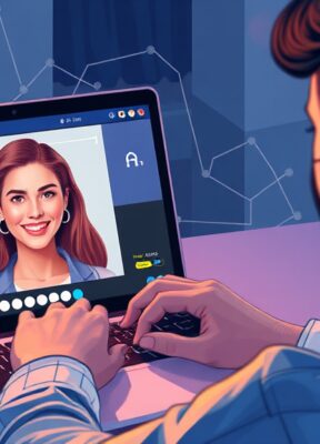 A dynamic illustration of a person using an AI tool on a laptop to generate professional headshots, highlighting the convenience and modernity of digital photography --ar 16:9