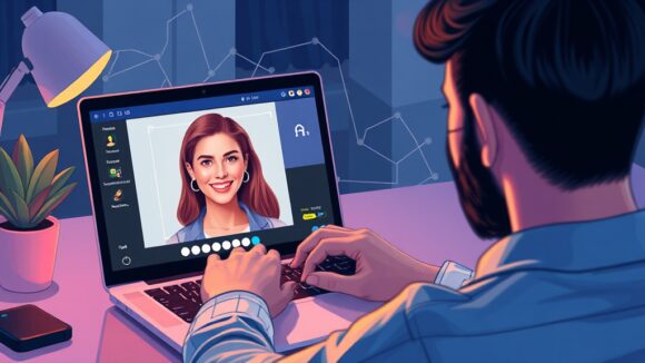 A dynamic illustration of a person using an AI tool on a laptop to generate professional headshots, highlighting the convenience and modernity of digital photography --ar 16:9