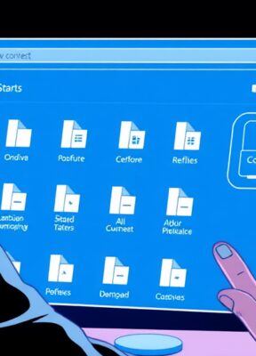 A dynamic illustration of a user navigating OneDrive on a web browser, selecting multiple files and interacting with the Copilot icon for file management support --ar 16:9