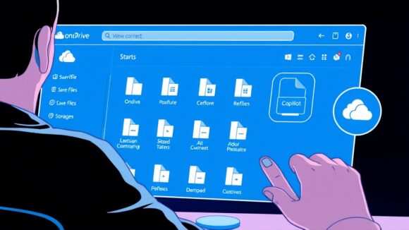 A dynamic illustration of a user navigating OneDrive on a web browser, selecting multiple files and interacting with the Copilot icon for file management support --ar 16:9