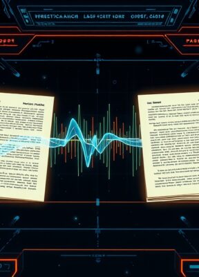 A dynamic illustration of a futuristic user interface displaying the transformation of scientific papers into audio waves, symbolizing a podcast creation process for knowledge absorption --ar 16:9