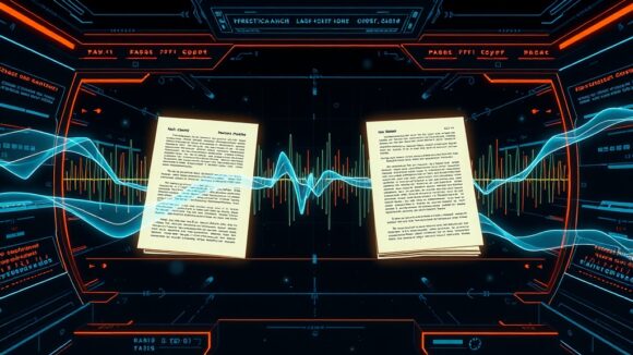 A dynamic illustration of a futuristic user interface displaying the transformation of scientific papers into audio waves, symbolizing a podcast creation process for knowledge absorption --ar 16:9