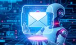 A dynamic illustration of a futuristic digital assistant represented as an AI image delivering an email envelope from a virtual interface to symbolize automation in communication processes --ar 16:9