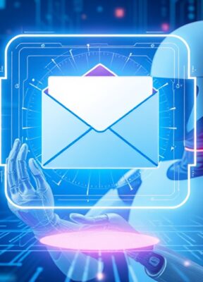 A dynamic illustration of a futuristic digital assistant represented as an AI image delivering an email envelope from a virtual interface to symbolize automation in communication processes --ar 16:9