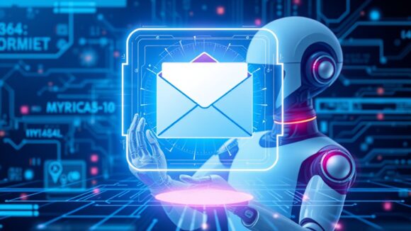 A dynamic illustration of a futuristic digital assistant represented as an AI image delivering an email envelope from a virtual interface to symbolize automation in communication processes --ar 16:9