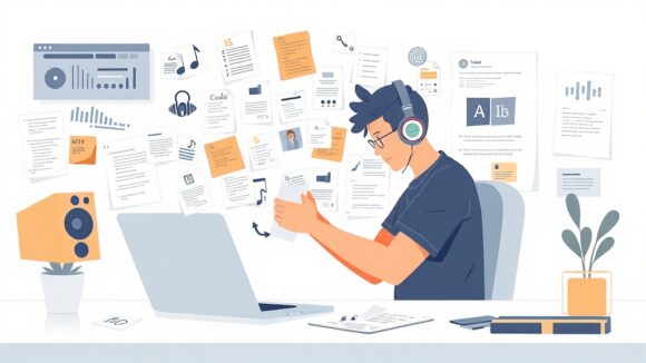 A dynamic illustration of a user visually sifting through audio files and text notes, highlighting the organization of data for synthesis in a clean digital workspace --ar 16:9