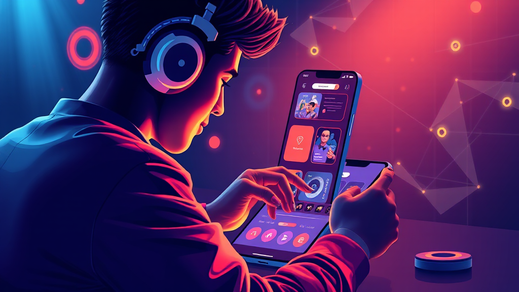 A dynamic illustration of a user effortlessly creating a UI design for a mobile app using an intuitive AI tool, highlighting design elements and interactivity on a sleek screen --ar 16:9