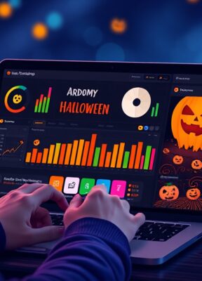 A dynamic illustration of a user interacting with a digital dashboard on a laptop to generate Halloween-themed images, with vibrant color swatches and a clear user interface --ar 16:9