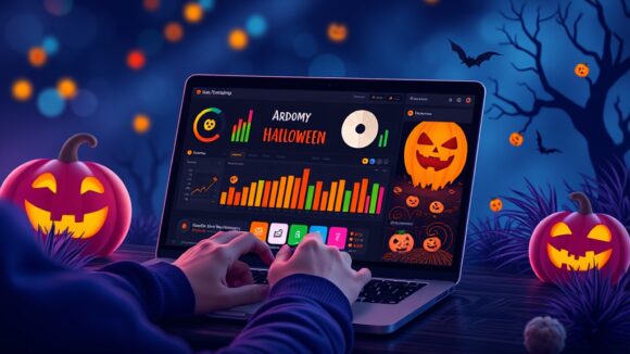 A dynamic illustration of a user interacting with a digital dashboard on a laptop to generate Halloween-themed images, with vibrant color swatches and a clear user interface --ar 16:9