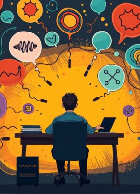 A dynamic illustration of a person sitting at a desk, surrounded by swirling, colorful thought bubbles representing ideas and reflections from the past year, symbolizing the brainstorming process --ar 16:9