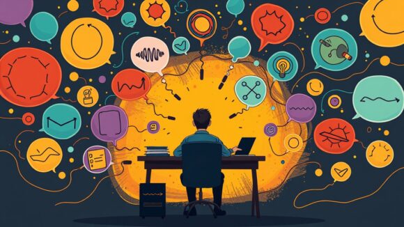 A dynamic illustration of a person sitting at a desk, surrounded by swirling, colorful thought bubbles representing ideas and reflections from the past year, symbolizing the brainstorming process --ar 16:9