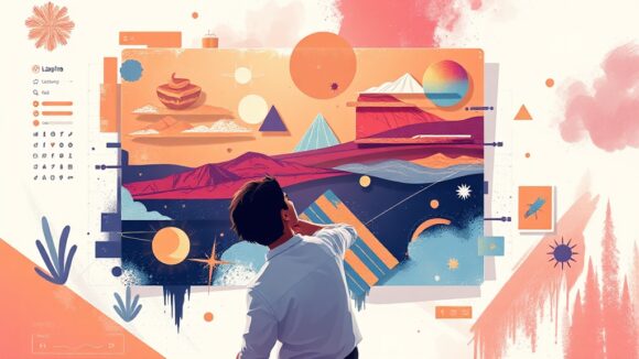 A dynamic illustration of a user exploring a multi-layered digital canvas, showcasing various layers and objects being combined to create a cohesive artwork --ar 16:9