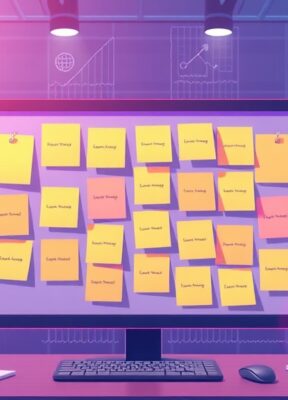 A dynamic illustration of a digital workspace showcasing post-its being automatically organized into categories via an AI interface, highlighting efficiency in collaborative environments --ar 16:9