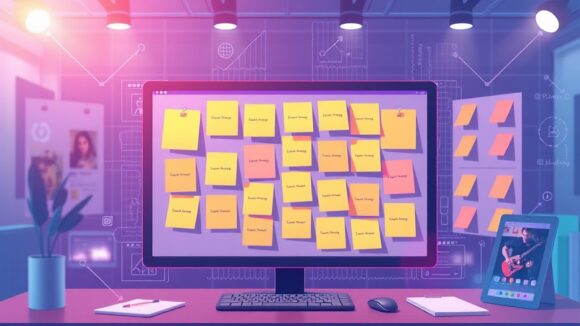 A dynamic illustration of a digital workspace showcasing post-its being automatically organized into categories via an AI interface, highlighting efficiency in collaborative environments --ar 16:9