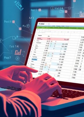 A dynamic illustration of a person engaging with an AI assistant on a laptop, where a complex spreadsheet formula is being generated and applied in real-time --ar 16:9