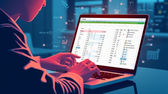 A dynamic illustration of a person engaging with an AI assistant on a laptop, where a complex spreadsheet formula is being generated and applied in real-time --ar 16:9