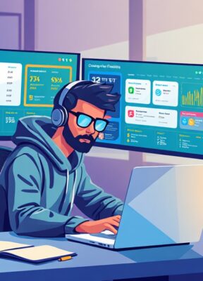 A dynamic illustration of a tech-savvy user, sitting at a modern workspace with multiple screens showcasing a vivid UI for creating custom UTM parameters, signifying enhanced digital marketing strategies --ar 16:9