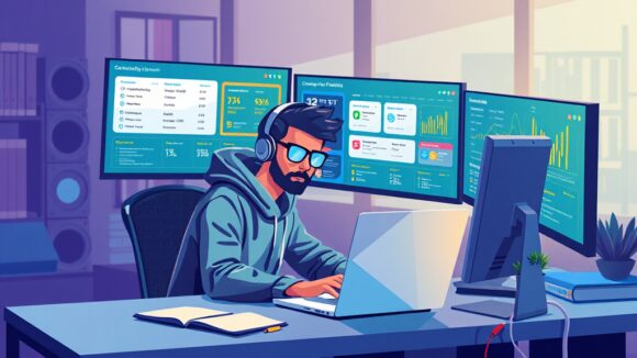 A dynamic illustration of a tech-savvy user, sitting at a modern workspace with multiple screens showcasing a vivid UI for creating custom UTM parameters, signifying enhanced digital marketing strategies --ar 16:9