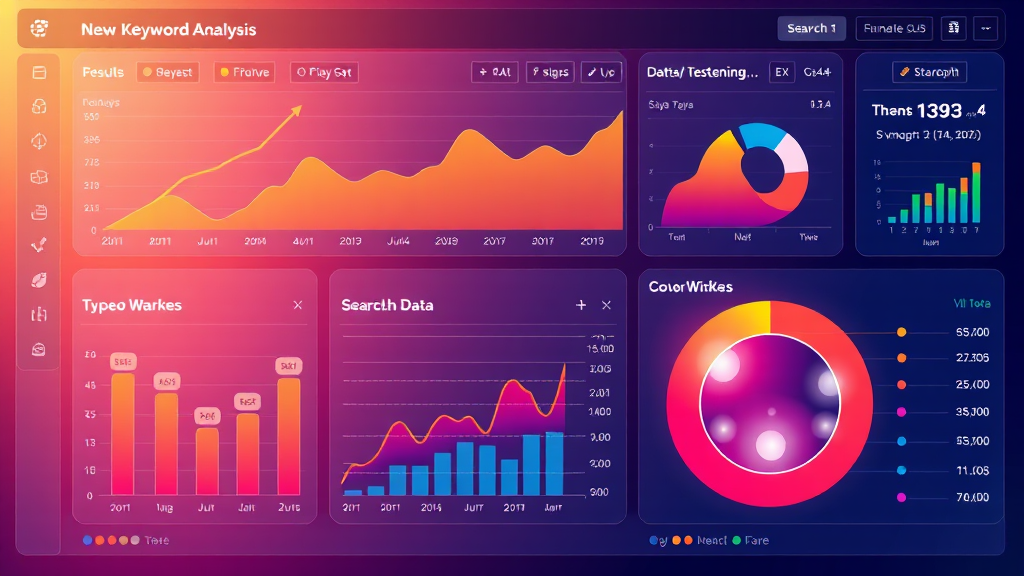 A dynamic illustration of a user-friendly dashboard displaying keyword analysis results with vivid graphs and data points, highlighting the synthesis of search data for strategic insights --ar 16:9