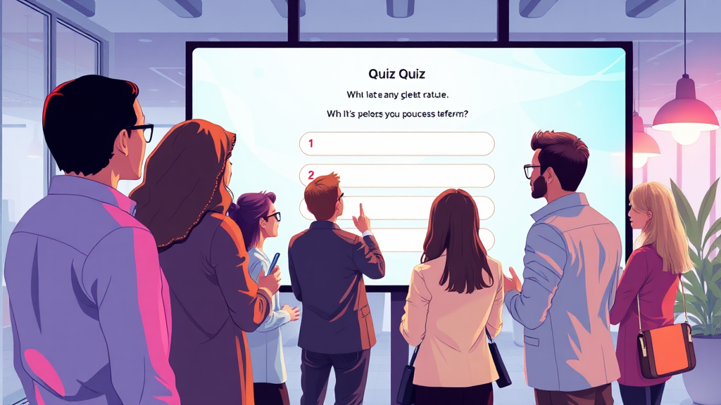 A dynamic illustration of a diverse group of corporate employees engaging with an interactive quiz interface on a large digital screen in a modern office setting --ar 16:9