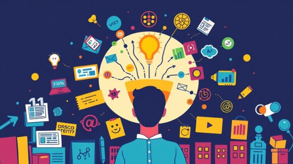 A dynamic illustration of a marketer brainstorming ideas, surrounded by vibrant icons representing Top, Middle, and Bottom of the Funnel content, highlighting the structured approach in diverse phases --ar 16:9