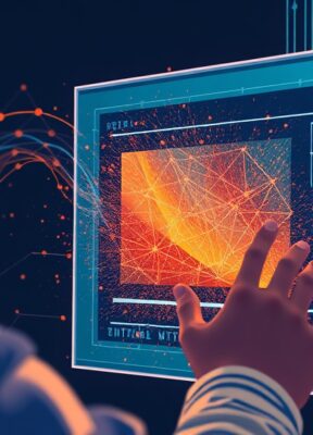 A dynamic illustration of a person interacting with a digital AI tool interface, visualizing the transformation of video content into HTML slides on a screen --ar 16:9