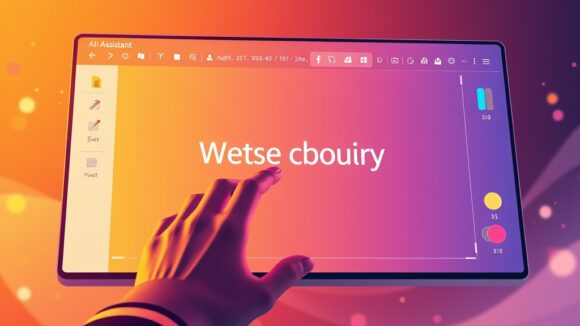 A dynamic illustration of a user editing a PowerPoint slide using a futuristic AI assistant interface, showcasing real-time text modification with vibrant colors and intuitive design elements --ar 16:9