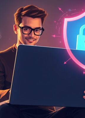 A dynamic illustration of a person confidently using a laptop with a vibrant, private data shield symbolizing enhanced data privacy protection through local AI tools --ar 16:9